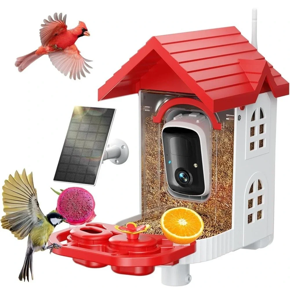 Smart‎ Bird Feeder Camera FB-A08 2K WiFi Solar Powered AI Night Vision Red